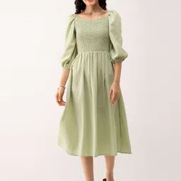 AASK Puff Sleeves Smocked Fit & Flare Midi Dress-image-50