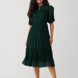 AASK Chevron Printed Mandarin Collar Ruched Puff Sleeve Ruffled Fit & Flare Dress-picture-53