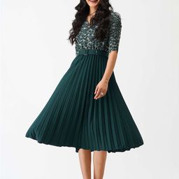 AASK Accordion Pleated V-Neck Fit & Flare Midi Dress-image-15