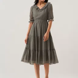 AASK Self Design Puff Sleeves Ruffles Tiered Fit & Flare Midi Dress-15