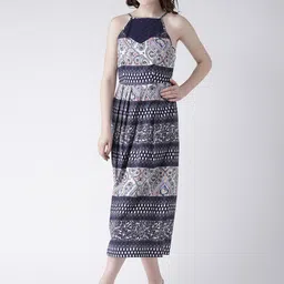 DODO & MOA Navy Blue Ethnic Motifs Crepe Midi Dress-image-52