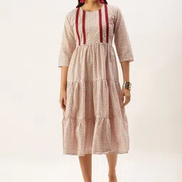 HRITIKA Geometric Printed Gathered Detailed Cotton Fit & Flare Midi Dress-1