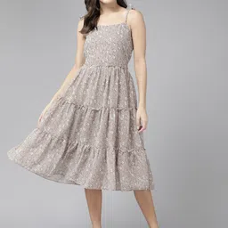 BAESD Floral Print Shoulder Strap Georgette Fit & Flare Midi Dress-image-87