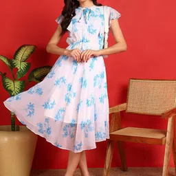 HIVA TRENDZ Floral Print Tie-up Neck Flared Sleeves Georgette Fit & Flare Midi Dress-picture-25