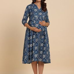 CRAFIQA Floral Printed Mandarin Collar Gathered Pure Cotton Maternity Fit & Flare Dress-picture-15