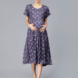 NIGHTSPREE Floral Printed Cotton Maternity Fit & Flare Midi Dress-image-51