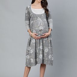 antaran Floral Printed Maternity Cotton A-Line Midi Dress-image-11