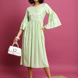 Vishudh Green Floral Printed Bell Sleeve Pleated A-Line Midi Dress-image-7
