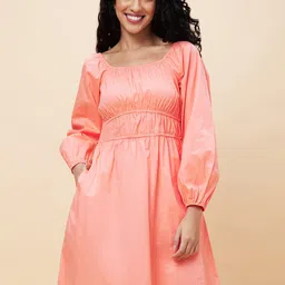 Globus Peach Square Neck Puff Sleeves Gathered Cotton Fit & Flare Dress-image-35