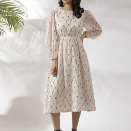 W Polka Dots Print Puff Sleeve Fit & Flare Midi Dress-18