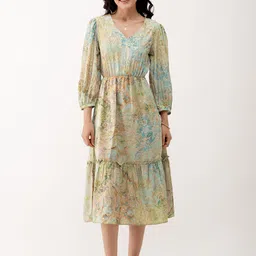 AASK Abstract Printed Puff Sleeve Tiered Gather Detailed Fit & Flare Dress-picture-33