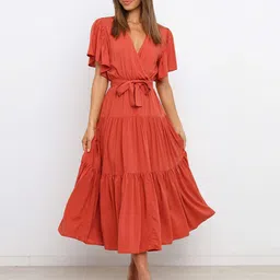 StyleCast Rust Flutter Sleeve Fit & Flare Midi Dress-image-11