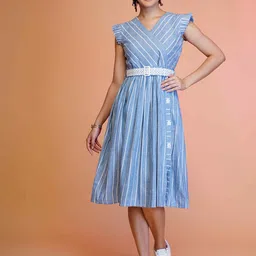 TextileNow Striped Cotton Flutter Sleeves Fit & Flare Midi Dress With Embroidered Belt-picture-1