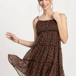 Moomaya Animal Skin Printed Shoulder Straps Smocked Tiered Chiffon Empire Dress-image-35