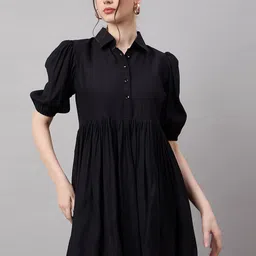 The Roadster Lifestyle Co. Black Shirt Collar Cotton Fit & Flare Mini Dress-picture-5