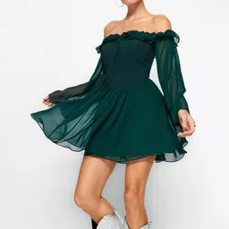 Trendyol Off-Shoulder Puff Sleeve Fit & Flare Mini Dress-image-49