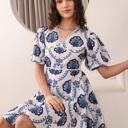 OBSHIVKA Floral Printed Puff Sleeve Cotton Fit & Flare Dress-image-77