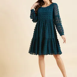 PANIT Self Design Puff Sleeves Tiered Fit & Flare Dress-17
