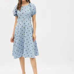 Harpa Blue & Black Polka Dot Print Casual Fit And Flare Dress-image-83