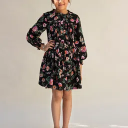 Jungleebilli Black & Pink Floral Tie-Up Neck Georgette Dress-image-17