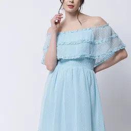 MARC LOUIS Blue Off-Shoulder Georgette Blouson Dress-image-26