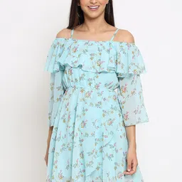 MARC LOUIS Turquoise Blue Floral Off-Shoulder Georgette Dress-image-25