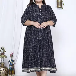 KALINI Plus Size Floral Printed Mandarin Collar A-Line Dress-picture-25
