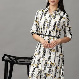 SHOWOFF Women Off White & Black Shirt Midi Dress-image-7