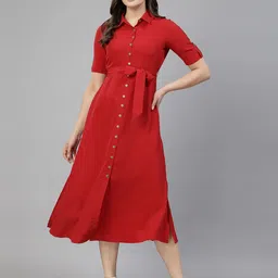 aayu Crepe Roll-Up Sleeves Shirt Midi Dress Comes With A Belt-48