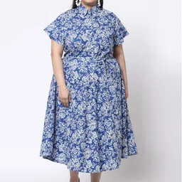 KLOTTHE Plus Size Blue Floral Shirt Midi Dress-image-99