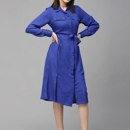 Style Quotient Cuffed Sleeves Shirt Midi Dress With Belt-25