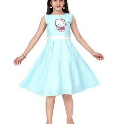 Aarika Girls Turquoise Blue Polka Dot Printed Applique Fit & Flare Dress-image-9