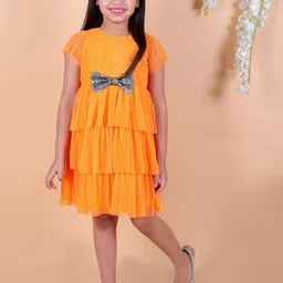KidsDew Girls Self Designed Round Neck Bow Detailed Net Fit & Flare Dress-picture-10