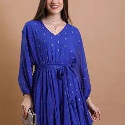 Tokyo Talkies Blue Self Design V-Neck Belted Fit & Flare Dress-image-58