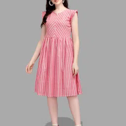 Kinjo Pink Striped Flutter Sleeve Cotton A-Line Dress-image-4