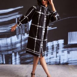 Dash and Dot Ethnic Motifs Embroidered Mandarin Collar Shirt Style Dress-image-45