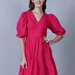 MARC LOUIS Cotton Puff Sleeves Fit & Flare Dress-image-62