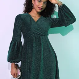 Tokyo Talkies Teal Self Design Bell Sleeves Fit & Flare Mini Dress-image-22
