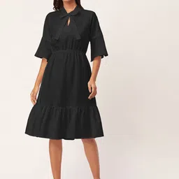 Moomaya Tie-Up Neck Flared Sleeves Fit & Flare Dress-picture-17
