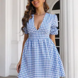 StyleCast x Revolte Checked Puff Sleeve Fit & Flare Dress-47