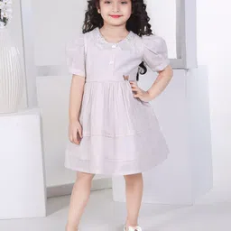 Peppermint Girls Self Design Peter Pan Collar Puff Sleeve Gathered Fit & Flare Dress-image-33