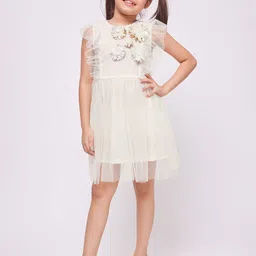 frangipani Girls Floral Self Design Flutter Sleeve Fit & Flare Dress-26