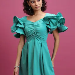 Tokyo Talkies Sea Green Gathered Detailed Flutter Sleeve Fit & Flare Dress-image-94