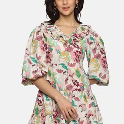 ISU Floral Print V-Neck Puff Sleeve Ruffled Tiered A-Line Mini Dress-image-13