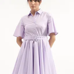 United Colors of Benetton Shirt Collar Flared Sleeve Belted Cotton Fit & Flare Dress-picture-48