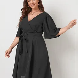 Samsara Couture Plus Size V-Neck Flared Sleeves Tie-Ups Detail Fit & Flare Dress-40