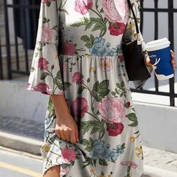 StyleCast Pink Floral Printed Bell Sleeve Fit & Flare Dress-image-91
