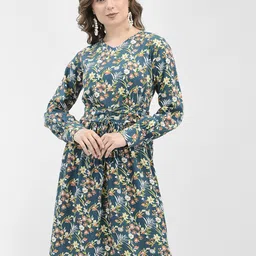 Crimsoune Club Floral Print Cotton V-Neck Puff Sleeve Fit & Flare Dress-picture-30
