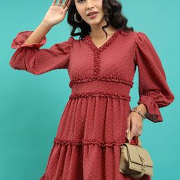 Tokyo Talkies Red Self Design Puffed Sleeves Cut-Outs Tiered Fit & Flare Mini Dress-image-26
