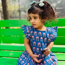 MASU LIVING Girls Floral Printed Pure Cotton Flutter Sleeve Fit & Flare Dress-picture-15